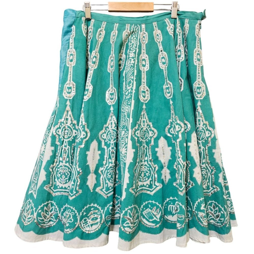 Mix Nouveau Flare Midi Skirt Womens Size 12 100% Cotton Boho Sequined‎ Teal